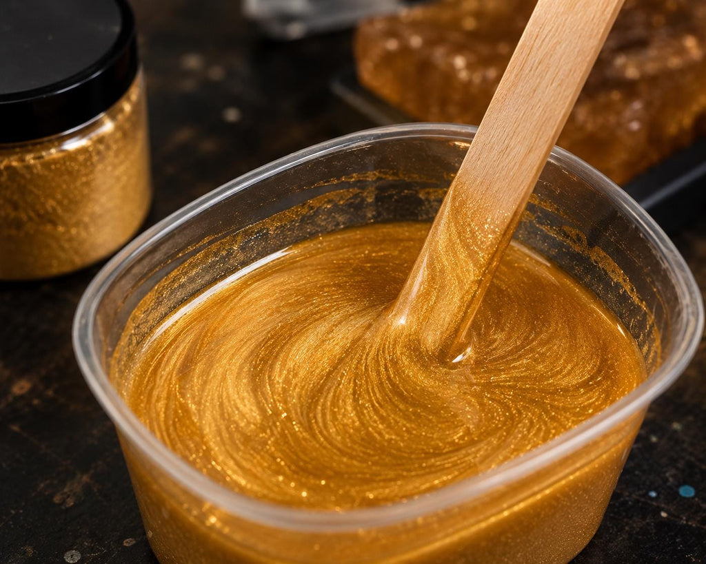 Gold mica powder mixed into clear epoxy resin, creating a rich metallic shimmer effect with swirling reflective particles. Metallic pigment used for resin art, decorative casting, jewelry making, resin inlays, custom crafts, epoxy colorants, gold accents, and artistic projects requiring depth, brilliance, and pearlescent metallic finishes.