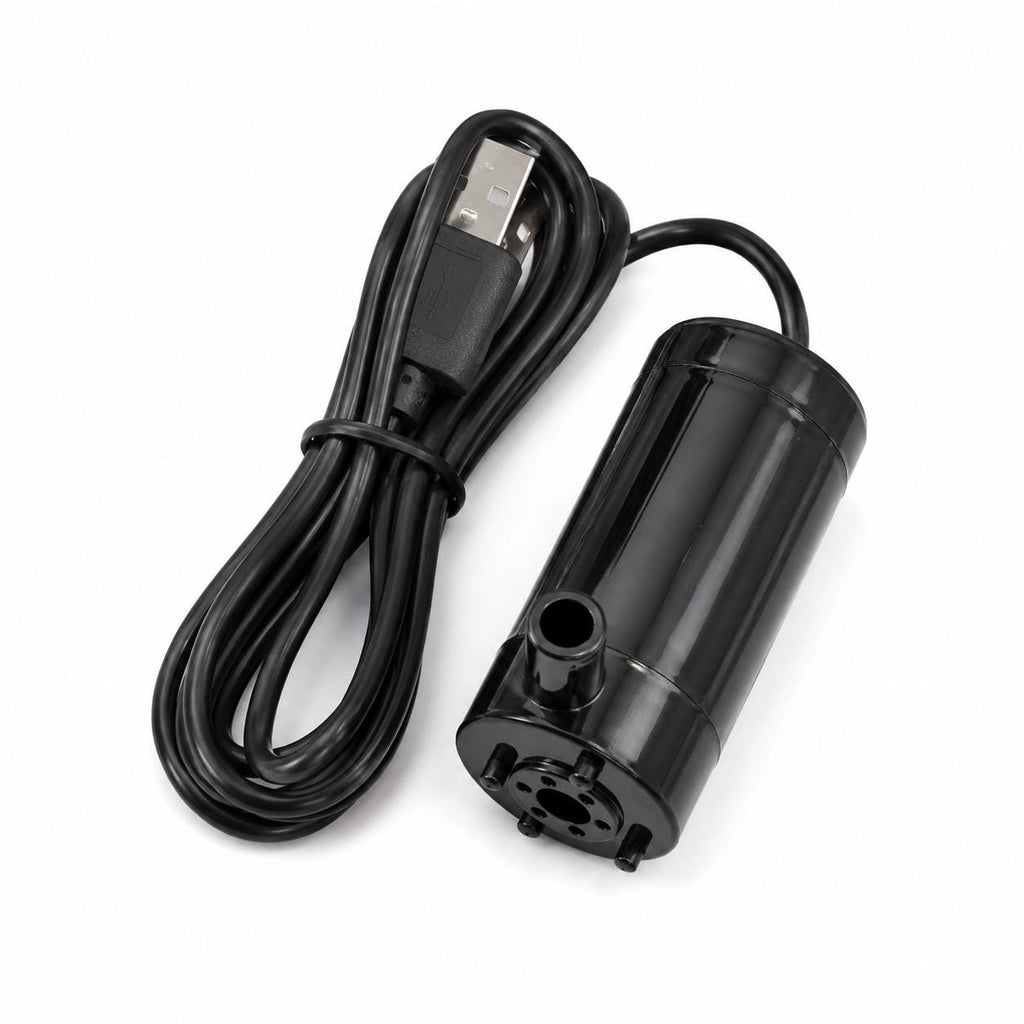 Angled product photo of a compact black USB submersible water pump with attached power cable and USB plug. Lightweight DC water pump designed for moving water in small maker systems, cabbing and lapidary coolant setups, CNC coolant experiments, laser cooling loops, hydroponic projects, fountains, and portable workshop builds.
