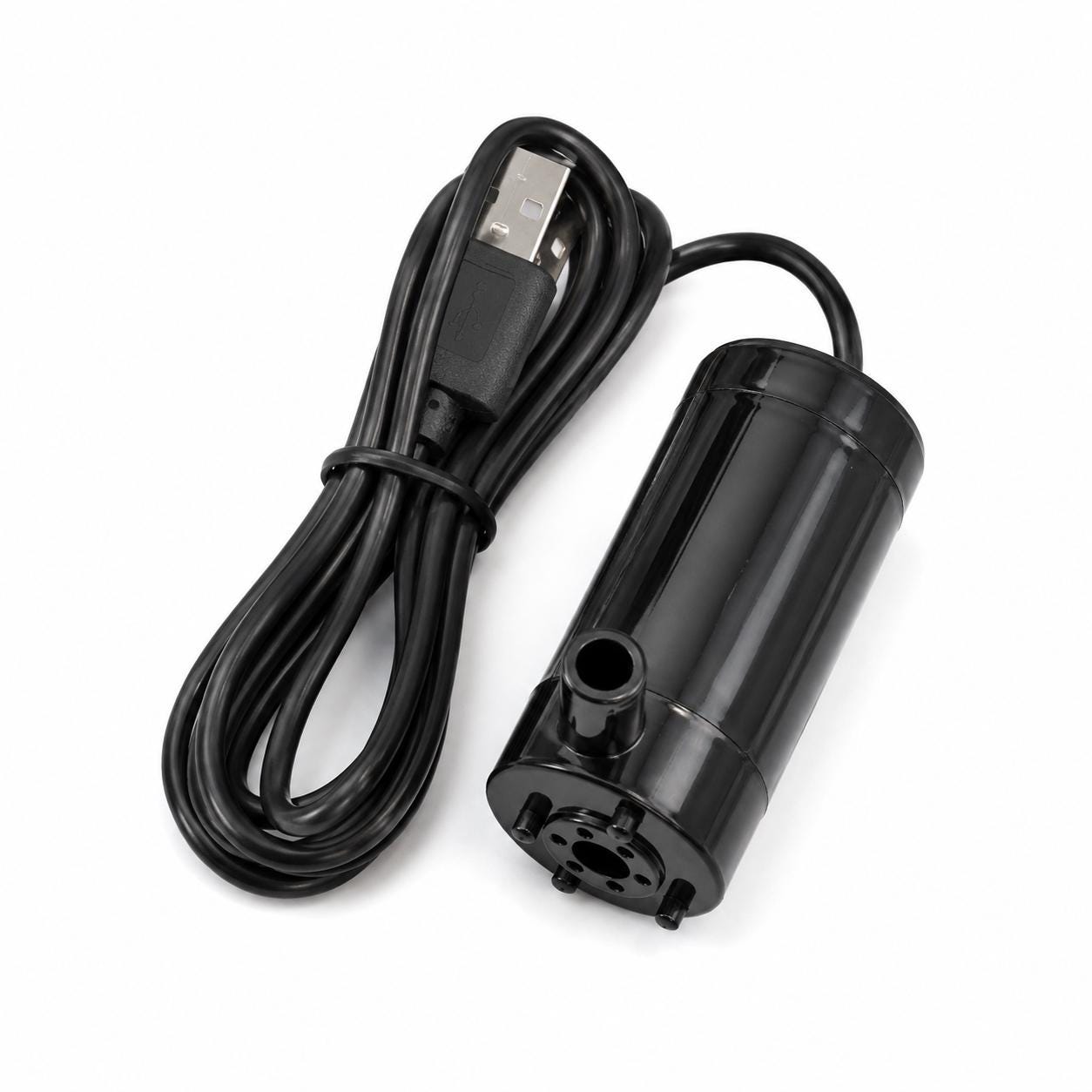Angled product photo of a compact black USB submersible water pump with attached power cable and USB plug. Lightweight DC water pump designed for moving water in small maker systems, cabbing and lapidary coolant setups, CNC coolant experiments, laser cooling loops, hydroponic projects, fountains, and portable workshop builds.