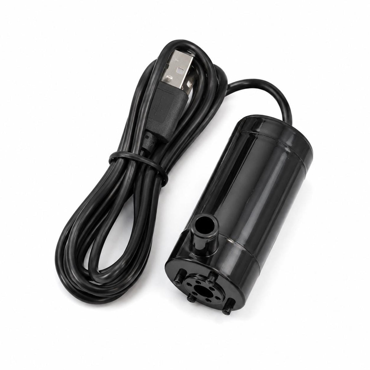 Angled product photo of a compact black USB submersible water pump with attached power cable and USB plug. Lightweight DC water pump designed for moving water in small maker systems, cabbing and lapidary coolant setups, CNC coolant experiments, laser cooling loops, hydroponic projects, fountains, and portable workshop builds.