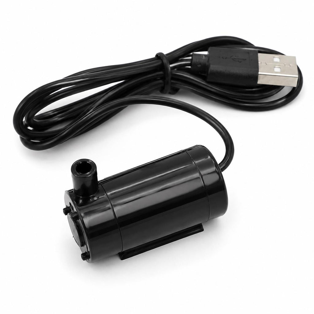 Image 1

USB-powered mini submersible water pump shown with black plastic pump body, vertical outlet port, long power cable, and USB plug on a white background. Compact DC circulation pump for maker projects, lapidary water feed, cabbing machine coolant, CNC coolant tests, laser cooling loops, hydroponic circulation, small fountains, and DIY water movement systems.
