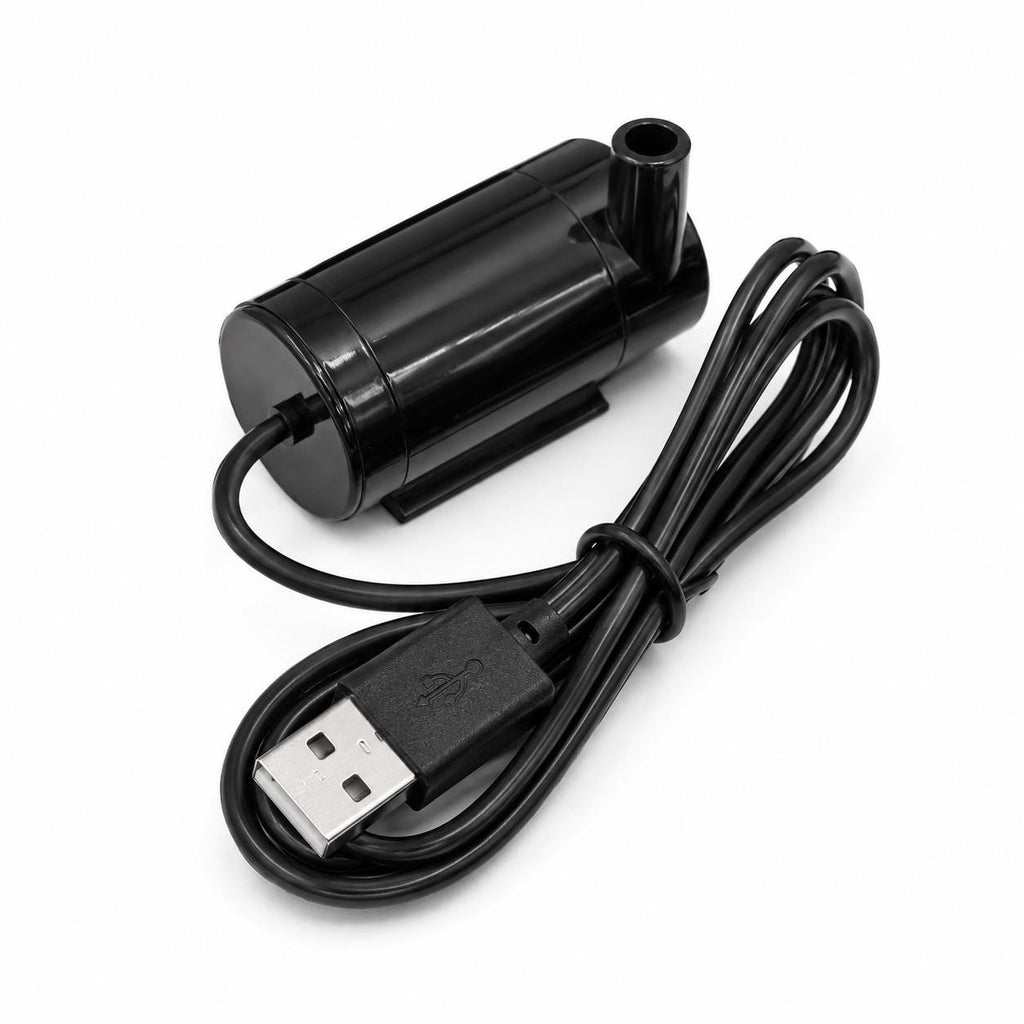 Front view of a black USB mini submersible water pump showing the intake face, outlet port, cylindrical housing, long cable, and USB power connector. Small low-voltage circulation pump for workshop builds, coolant delivery, reservoir circulation, hydroponic systems, lapidary machines, compact fountains, and custom water transfer projects.