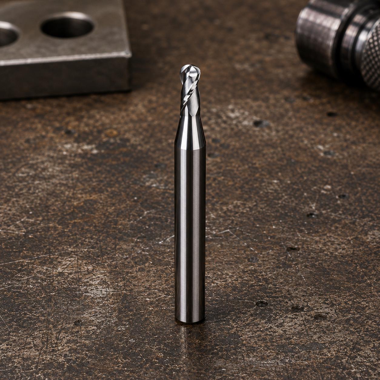 Image 3

Precision carbide ball nose end mill with 3.175mm shank displayed on machinist workbench, two flute CNC cutter for aluminum, brass, copper and silver machining, ideal for detailed contours, smooth surface finishing and relief carving.
