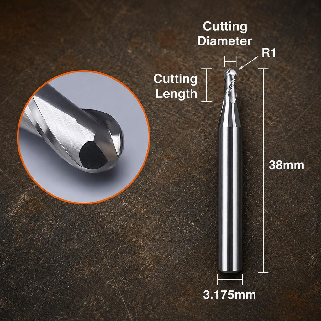 Technical specification diagram of a 3.175mm shank two flute carbide ball nose end mill showing cutting diameter, cutting length and overall dimensions for precision CNC machining, contour milling and non-ferrous metal finishing applications.