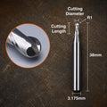 Technical specification diagram of a 3.175mm shank two flute carbide ball nose end mill showing cutting diameter, cutting length and overall dimensions for precision CNC machining, contour milling and non-ferrous metal finishing applications.