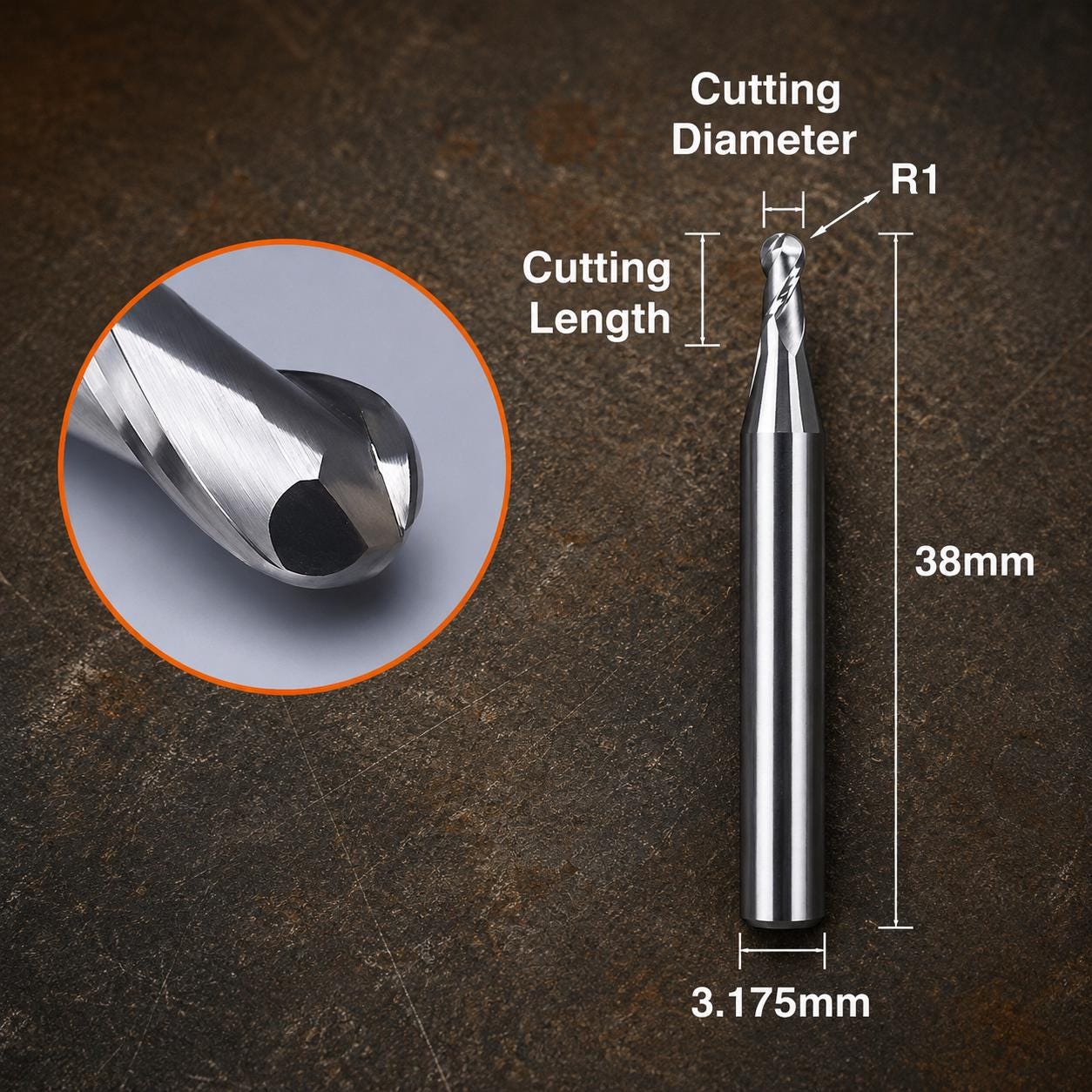 Technical specification diagram of a 3.175mm shank two flute carbide ball nose end mill showing cutting diameter, cutting length and overall dimensions for precision CNC machining, contour milling and non-ferrous metal finishing applications.