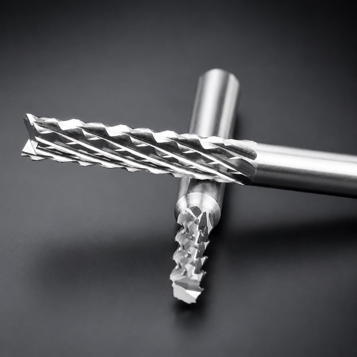 TiN coated CNC Corn Bit for PCB milling, FR4 cutting, carbon fiber machining, fiberglass routing, and G10 composite fabrication. Precision 1/8 inch shank desktop CNC cutter compatible with Carvera Air, Makera Z1, and ER11 spindle systems for composite material machining.