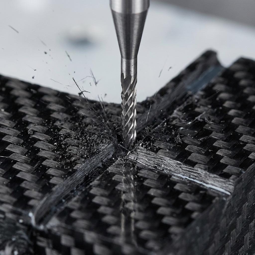 Corn Bit cutting carbon fiber on a desktop CNC machine. Precision carbide CNC endmill for carbon fiber, FR4, PCB milling, fiberglass, G10, and composite material machining. Designed for Carvera Air, Makera Z1, and other ER11 spindle systems requiring clean cuts in abrasive materials.