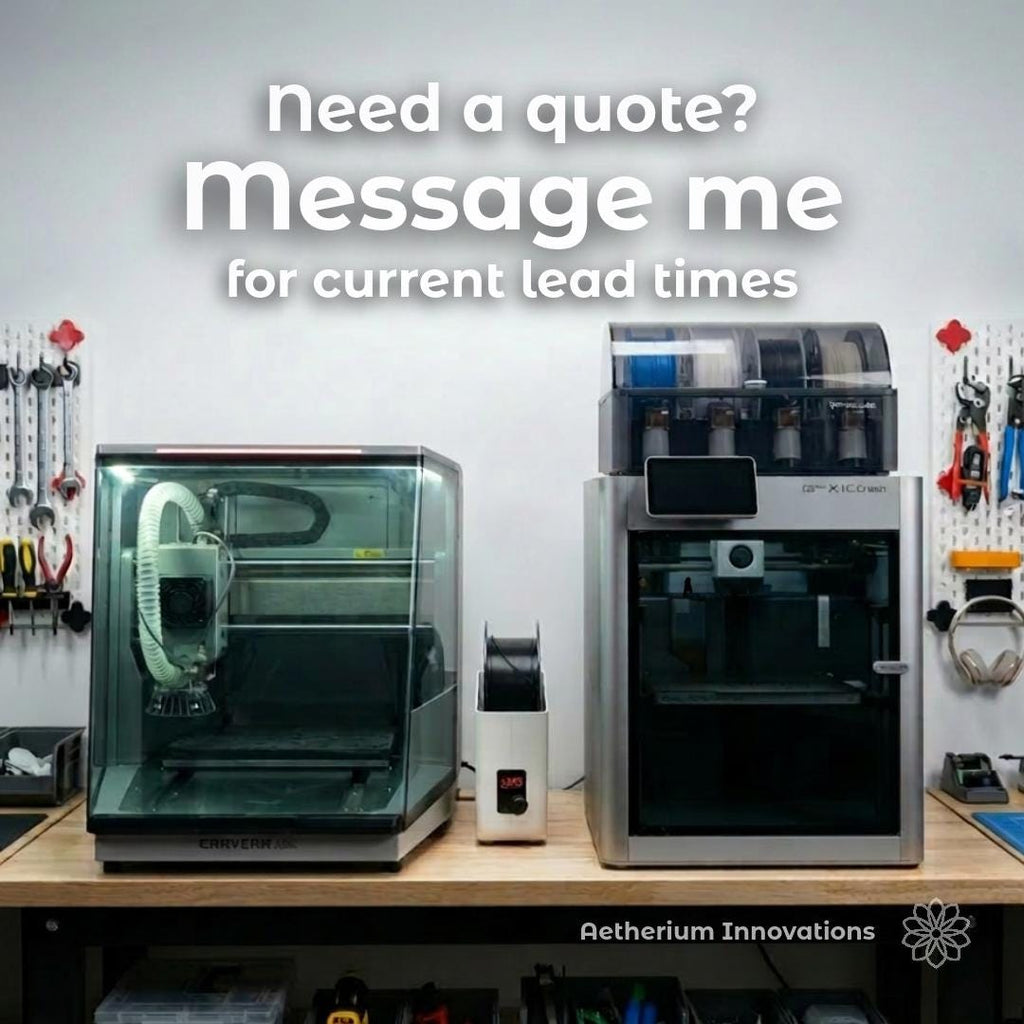 Aetherium Innovations workshop bench with a Carvera Air CNC machine, Bambu Lab 3D printer, filament dryer, hand tools, and pegboard, with text reading “Need a quote? Message me for current lead times.” Promotes custom fabrication, 3D printing, CNC, and project quote services.