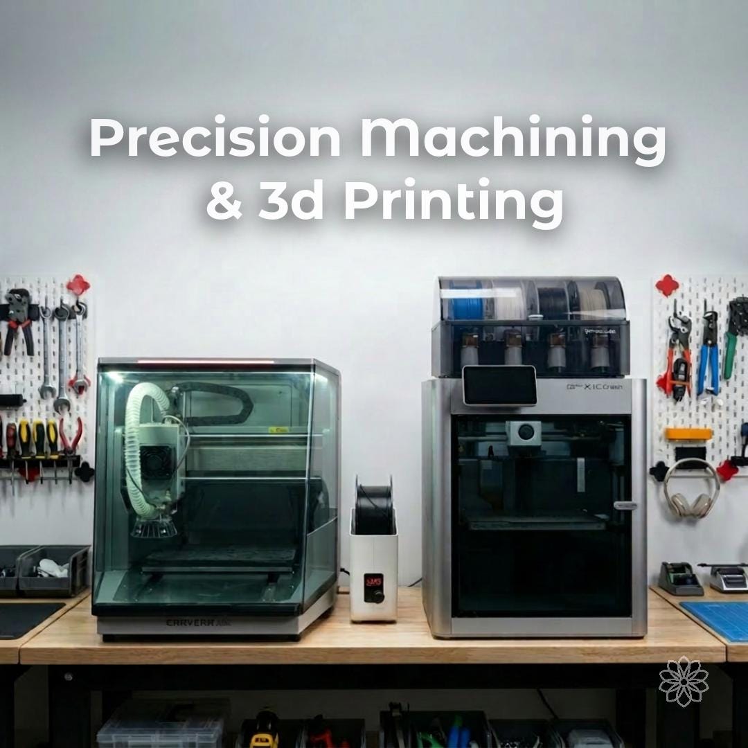 Workshop featuring a Carvera CNC machine and Bambu Lab 3D printer with overlay text reading "Precision machining & 3d printing." This image showcases manufacturing capabilities available after scanning, including prototype creation, functional part production, product development, machining services, additive manufacturing, and custom fabrication workflows.
