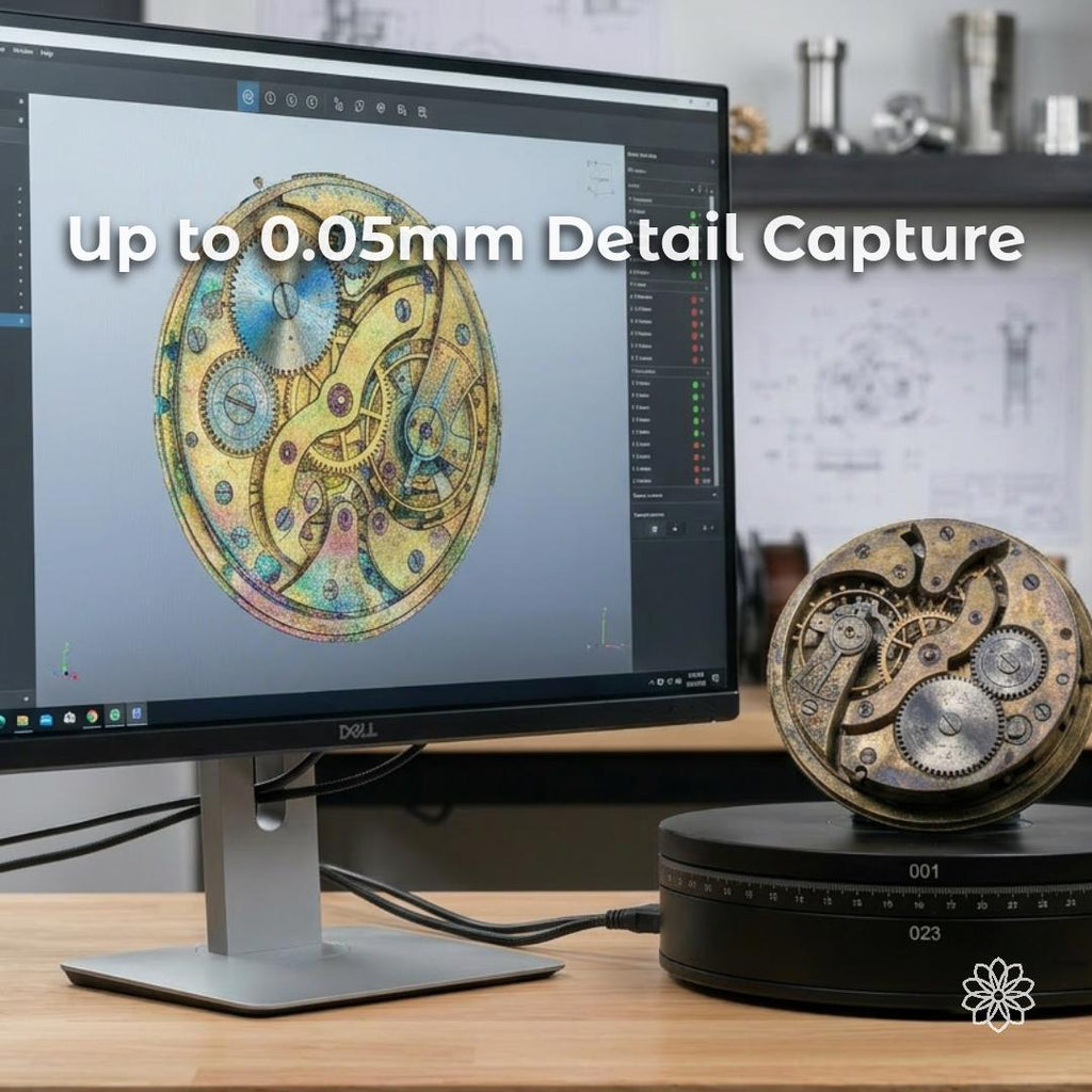 Mechanical watch movement displayed beside a high-detail digital scan model on a computer monitor. Overlay text highlights detail capture up to 0.05 mm. This image demonstrates precision 3D scanning for complex geometry, fine mechanical components, restoration projects, engineering applications, reverse engineering, and product development workflows requiring accurate digital models.
