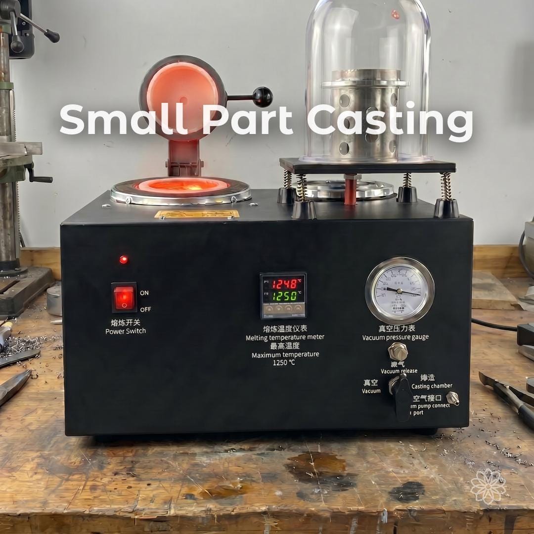 Vacuum casting system and high-temperature casting equipment displayed in a workshop environment. Overlay text reads "Small Part Casting." This image highlights metal casting capabilities for reverse engineered components, restoration parts, prototype production, jewelry manufacturing, small-batch production runs, and custom fabricated components.