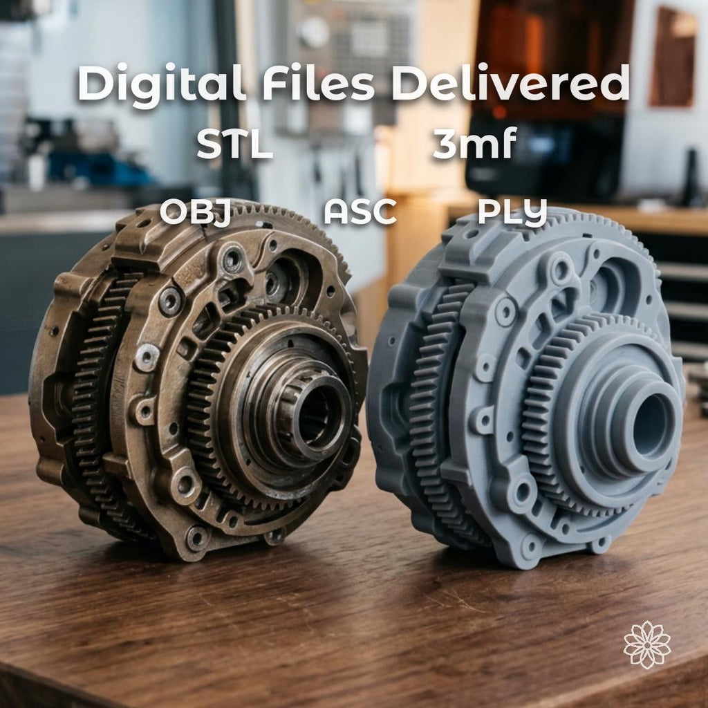 Original mechanical assembly displayed beside a recreated digital manufacturing model with available export formats including STL, OBJ, ASC, PLY, and 3MF. Overlay text explains file output options. The image represents reverse engineering services, scan-to-file workflows, additive manufacturing preparation, prototype development, and replacement part reproduction.