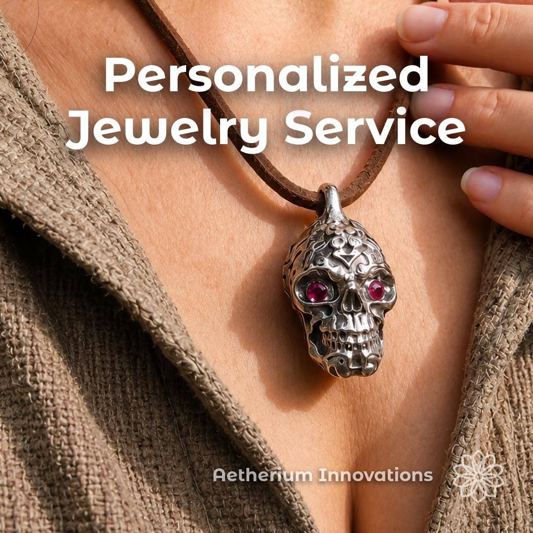 Fantasy-inspired custom skull pendant with red gemstone eyes worn on a leather cord necklace. Close-up lifestyle image showing handcrafted jewelry on a model with text promoting custom pendants, rings, and relics. Aetherium Innovations custom fantasy jewelry service focused on creating unique heirloom-quality pieces from original ideas and artwork.