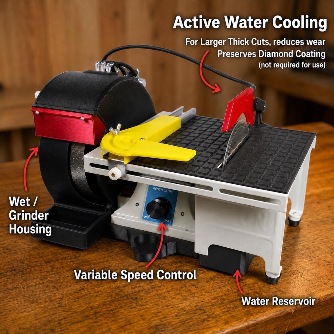 Cut n’ Cab V2 MakerSpace Edition labeled with active water cooling, wet grinder housing, variable speed control, and water reservoir, showing a compact modular workstation for controlled cutting, grinding, shaping, and abrasive workshop tasks.