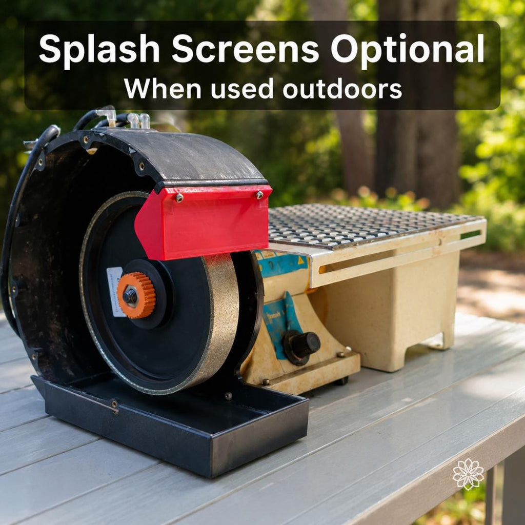 Cut n’ Cab V2 MakerSpace Edition shown outdoors with optional splash screens installed around the wet grinder housing, demonstrating water management for outdoor cutting, grinding, shaping, and abrasive maker tasks.