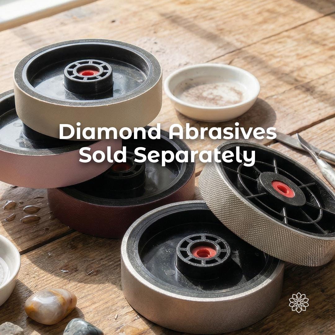 Diamond abrasive wheels shown on a wood workbench with the note that abrasives are sold separately, supporting cutting, grinding, shaping, and polishing workflows for stone, jewelry, craft, and small-part fabrication.