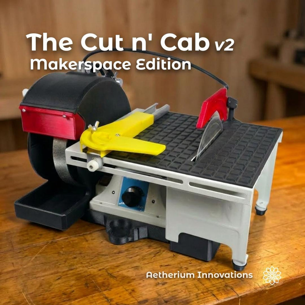 Cut n’ Cab V2 MakerSpace Edition compact modular maker workstation on a wood bench, shown with saw table, wet grinder housing, angle jig, and Aetherium Innovations branding for cutting, grinding, shaping, polishing, and small-part workshop fabrication.