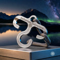 Machined 6061 aluminum Paracord Hook Mini with engraved Aetherium Innovations branding, shown with braided cord against a mountain night-sky backdrop. Designed as a compact EDC gear hook for paracord setups, backpacking kits, camp organization, and lightweight outdoor utility.