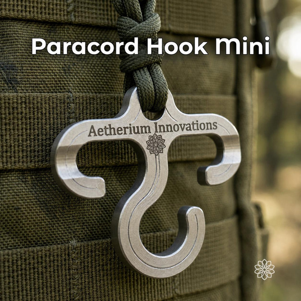 Paracord Hook Mini hanging from green cord on outdoor pack webbing, showing the machined aluminum body, three open hook points, center gear hook shape, and engraved Aetherium Innovations mark. Compact EDC and backpacking utility for paracord, camp loops, and lightweight gear access.