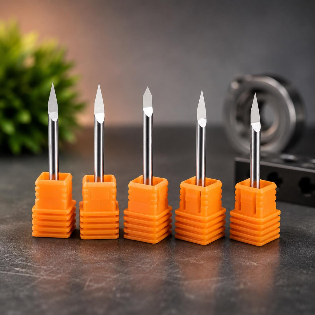 Set of five carbide metal engraving bits with 3.175mm 1/8 inch shanks displayed in protective holders. Precision CNC engraving tools designed for fine detail work in brass, aluminum, copper, silver, gold, coins, pendants, jewelry, nameplates, and custom metal projects. Compatible with desktop CNC machines including Carvera Air, Makera Z1, and other 1/8 inch collet systems.