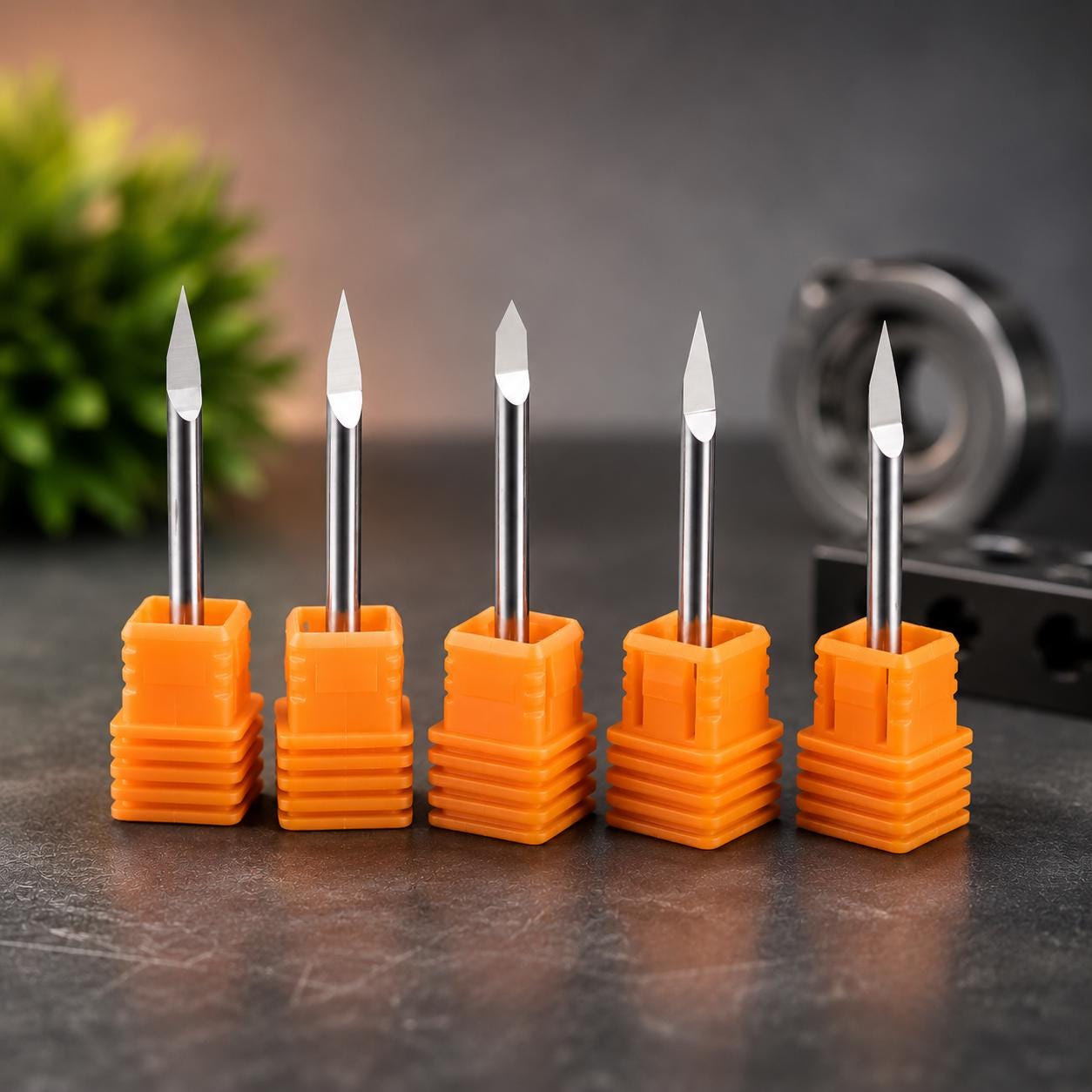 Set of five carbide metal engraving bits with 3.175mm 1/8 inch shanks displayed in protective holders. Precision CNC engraving tools designed for fine detail work in brass, aluminum, copper, silver, gold, coins, pendants, jewelry, nameplates, and custom metal projects. Compatible with desktop CNC machines including Carvera Air, Makera Z1, and other 1/8 inch collet systems.