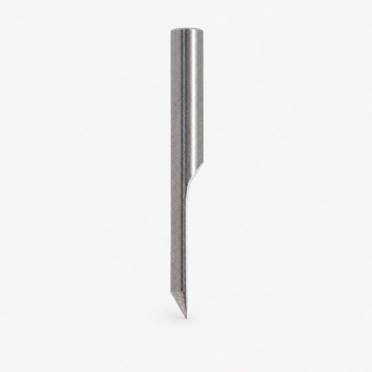 Close-up side profile of a carbide CNC metal engraving bit with precision ground cutting geometry and 3.175mm shank. Designed for detailed engraving, lettering, logos, jewelry customization, coin making, brass plaques, silver pendants, copper artwork, and fine metal machining on desktop CNC systems compatible with Carvera Air and Makera Z1.