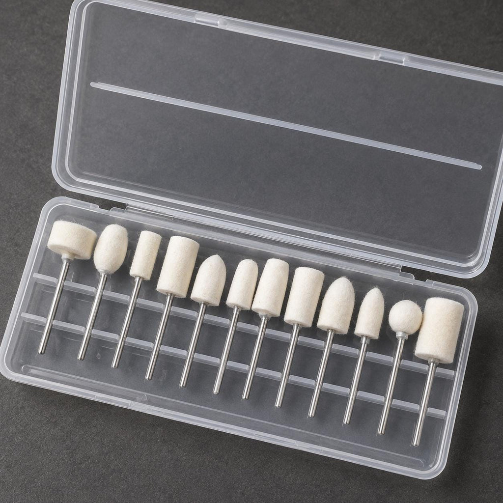 Assorted wool felt polishing bobs arranged in a clear storage case with multiple cylinder, cone, bullet, ball, and wheel shapes. 11 piece rotary polishing kit for stone, metal, jewelry, lapidary, carving, and craft finishing.