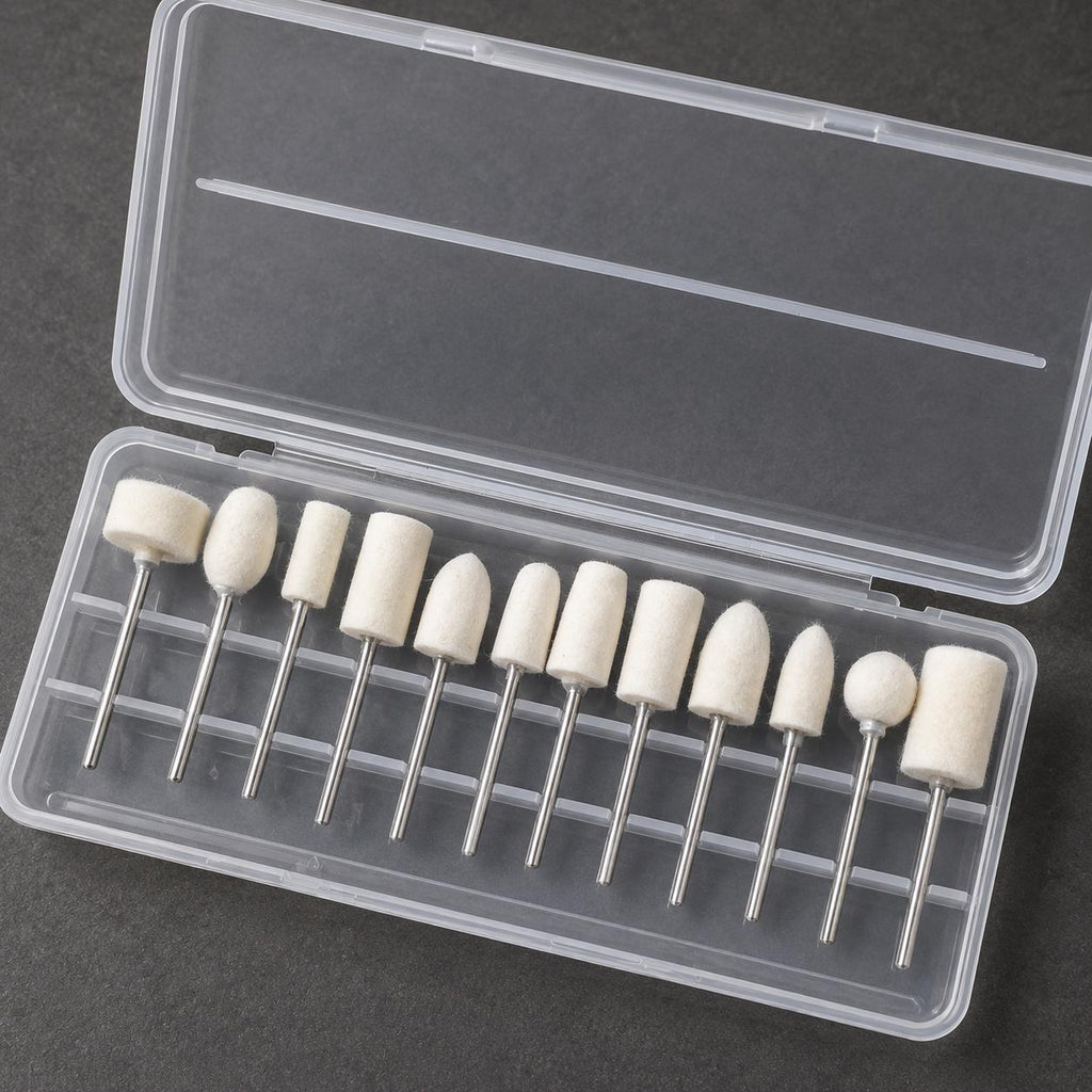 Assorted wool felt polishing bobs arranged in a clear storage case with multiple cylinder, cone, bullet, ball, and wheel shapes. 11 piece rotary polishing kit for stone, metal, jewelry, lapidary, carving, and craft finishing.
