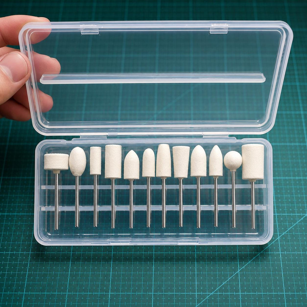 Hard felt polishing bit assortment with 2.35mm shanks displayed in a protective storage case. Multiple profiles including cylinders, cones, bullets, and rounded points support precision polishing, detail finishing, jewelry work, lapidary projects, engraving cleanup, and metal surface refinement. Designed for use with flex shaft tools, micromotors, and rotary polishing systems where larger buffing wheels cannot reach.