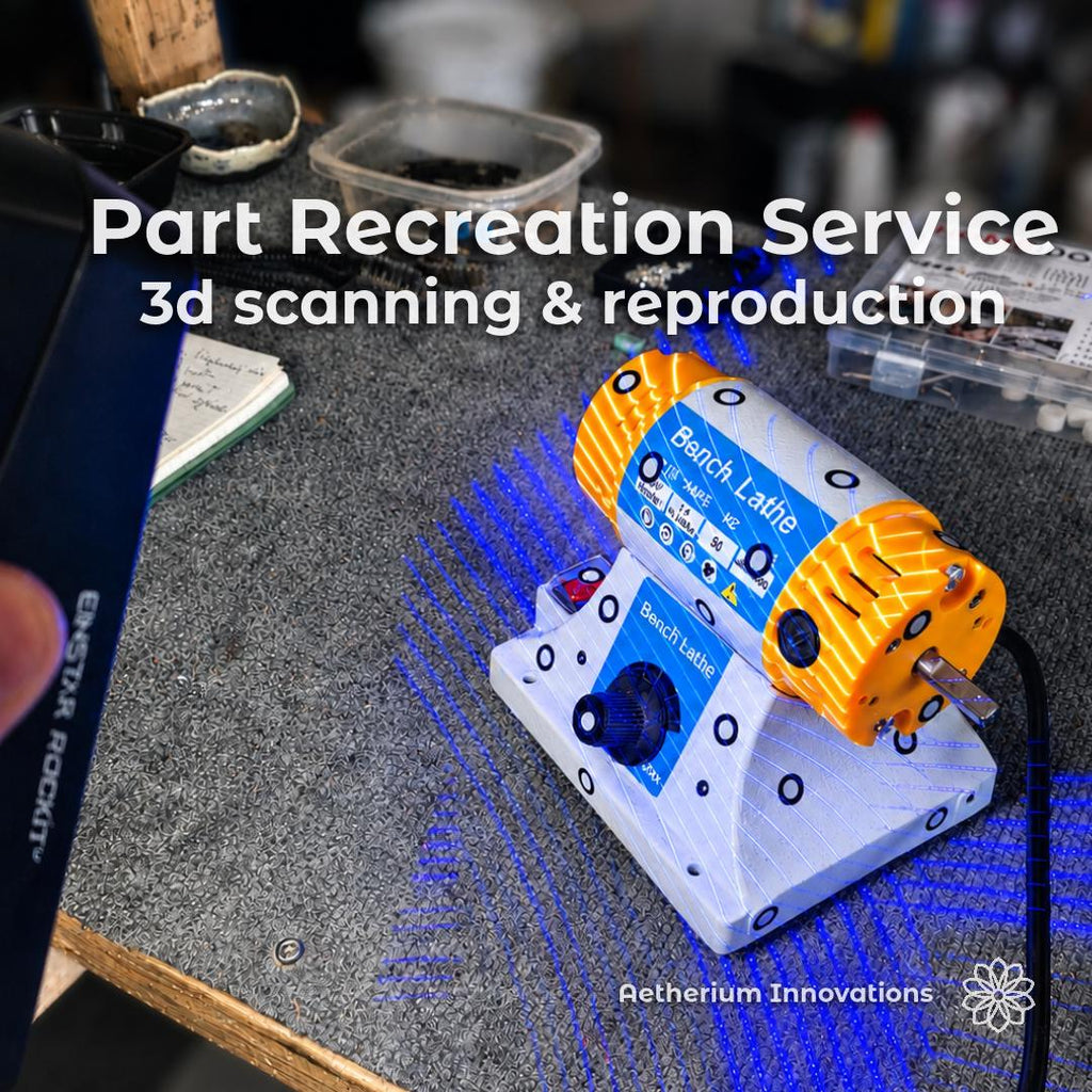 part recreation service showing a handheld 3D scanner capturing a miniature bench lathe on a workshop workbench. scanning lines map the machine’s surface for reverse engineering, CAD modeling, digital archiving, replacement part design, prototype development, and manufacturing reproduction. Image highlights precision 3D scanning, custom fabrication services, obsolete part recreation, mechanical component replication, and engineering support for makers, restorers, and small-batch production.