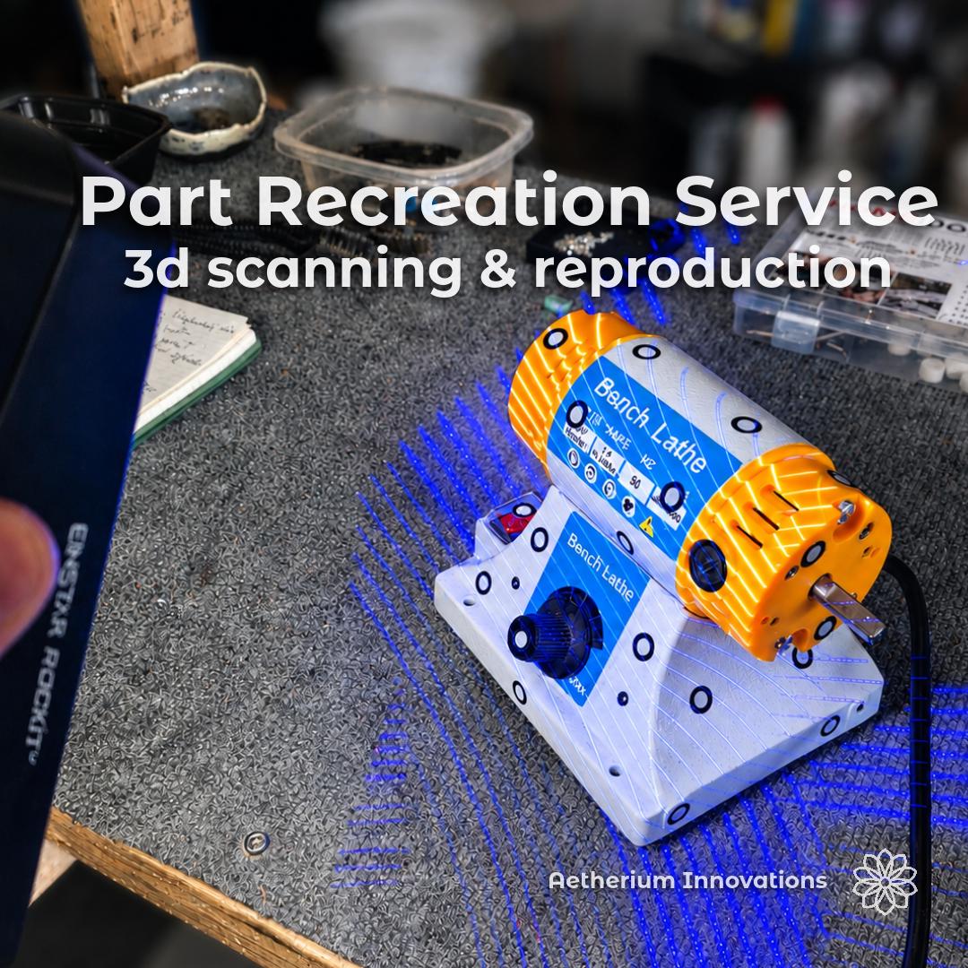 part recreation service showing a handheld 3D scanner capturing a miniature bench lathe on a workshop workbench. scanning lines map the machine’s surface for reverse engineering, CAD modeling, digital archiving, replacement part design, prototype development, and manufacturing reproduction. Image highlights precision 3D scanning, custom fabrication services, obsolete part recreation, mechanical component replication, and engineering support for makers, restorers, and small-batch production.