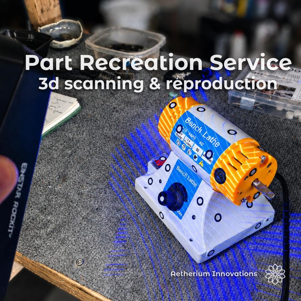 part recreation service showing a handheld 3D scanner capturing a miniature bench lathe on a workshop workbench. scanning lines map the machine’s surface for reverse engineering, CAD modeling, digital archiving, replacement part design, prototype development, and manufacturing reproduction. Image highlights precision 3D scanning, custom fabrication services, obsolete part recreation, mechanical component replication, and engineering support for makers, restorers, and small-batch production.