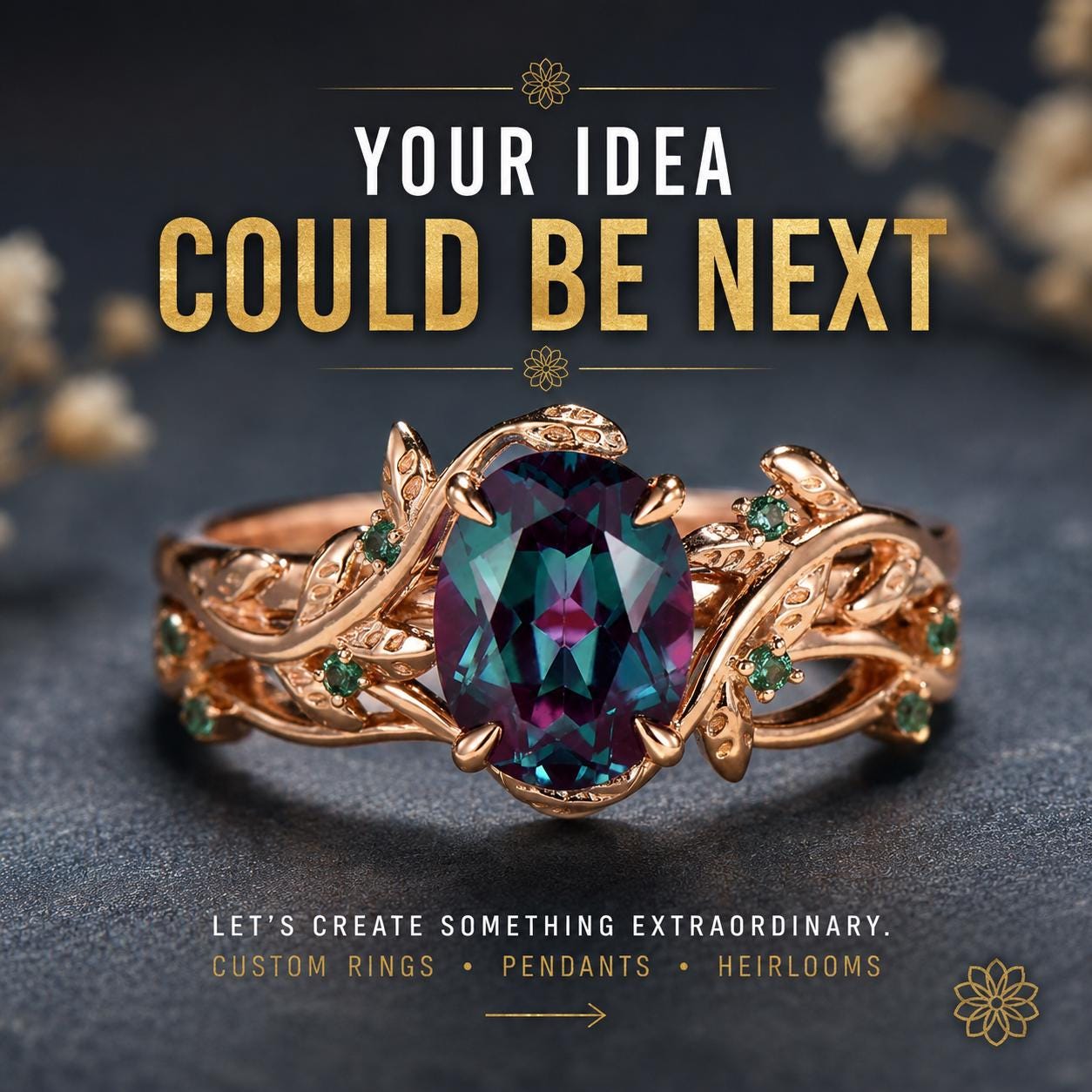 Custom fantasy-inspired gemstone ring featuring rose gold vine details, green accent stones, and a color-shifting center gemstone. Final call-to-action image promoting custom rings, pendants, and heirloom jewelry design services. Example of a one-of-a-kind handcrafted piece created from a customer's original vision.