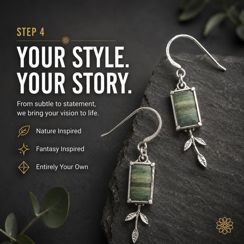 Handcrafted gemstone earrings displayed on natural stone with text describing custom jewelry style options. Example of artisan jewelry inspired by nature, fantasy themes, and personal stories. Demonstrates the range of custom design possibilities available through Aetherium Innovations jewelry services.