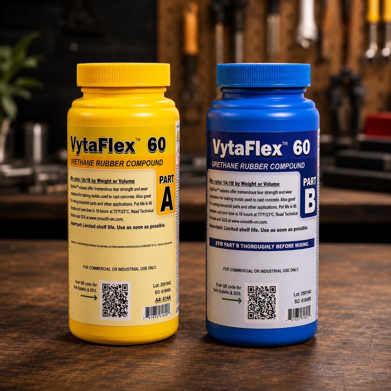 Image 2

Front view of Smooth-On VytaFlex 60 urethane rubber compound with yellow Part A and blue Part B bottles displayed on a maker workshop bench. Two-part polyurethane mold rubber designed for creating durable molds used in resin casting, jewelry production, prop making, sculpture reproduction, tabletop terrain manufacturing, prototype duplication, and small-scale production workflows requiring repeatable results and detail retention.