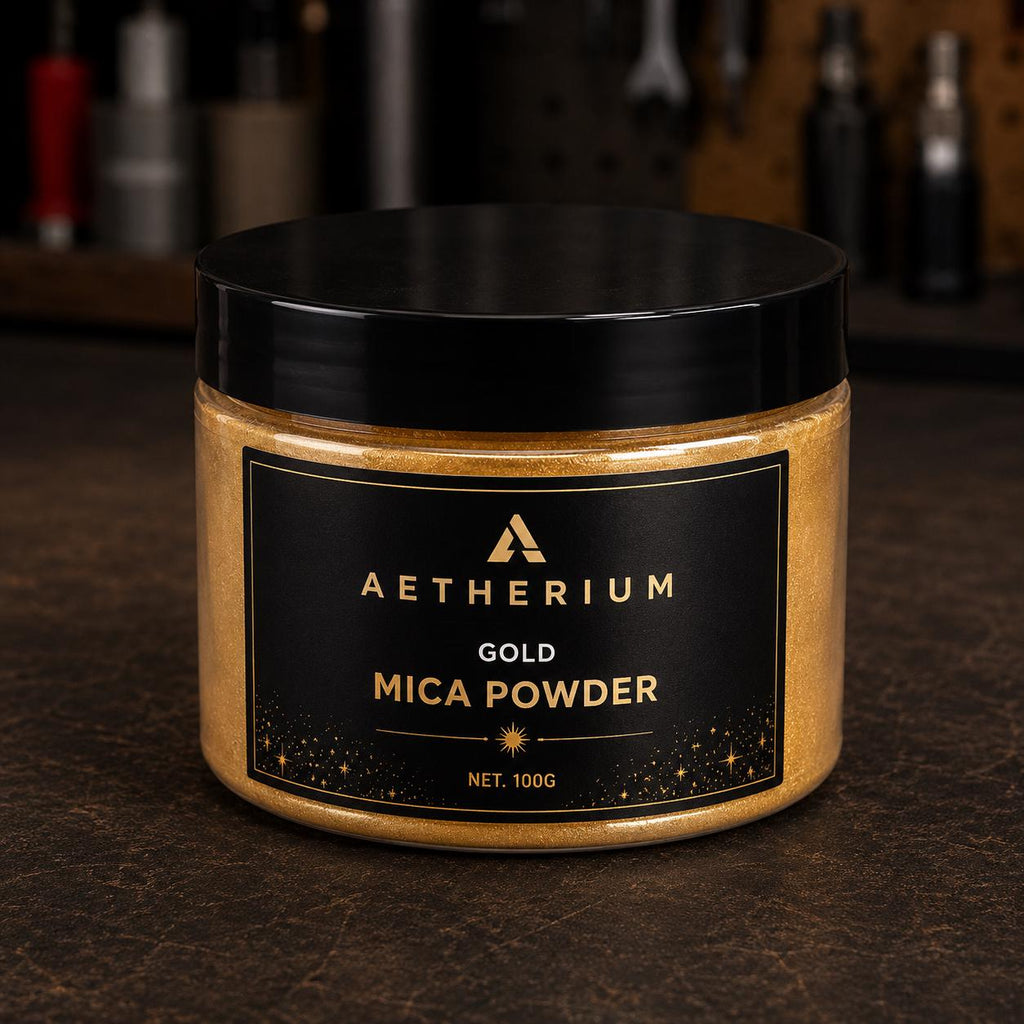 Aetherium Gold Mica Powder pigment in a 100 gram container. Fine metallic pigment powder designed for resin art, Kintsugi repair, jewelry making, decorative casting, epoxy projects, gold inlays, mixed media artwork, and creative applications requiring reflective metallic color, shimmer effects, and visual depth.