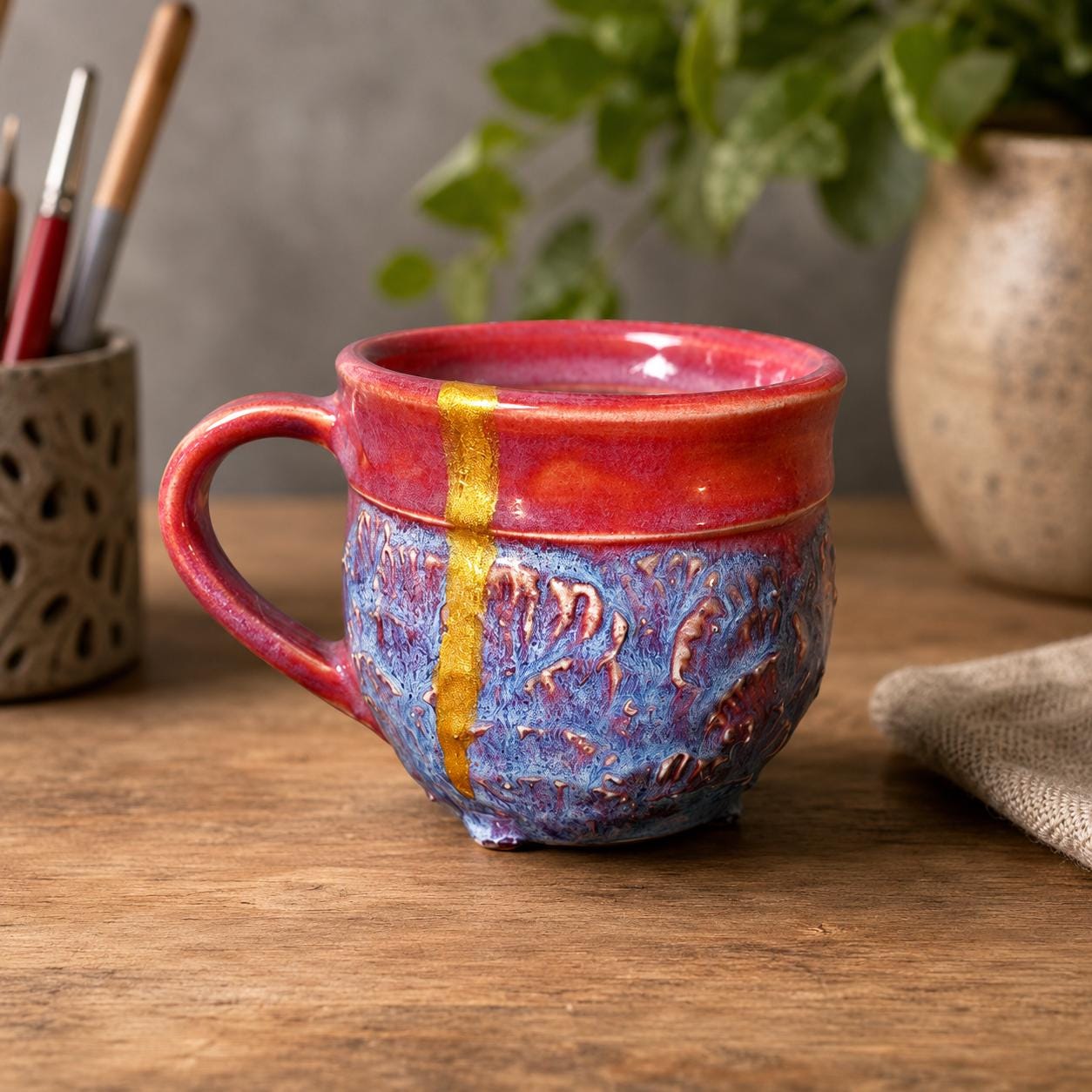 Handcrafted ceramic mug repaired with a metallic gold Kintsugi seam highlighting the fracture line. Gold mica powder pigment used for Wabi-Sabi restoration, ceramic repair art, decorative resin work, visible mending, gold accent details, and projects that transform damage into a feature through reflective metallic finishes.