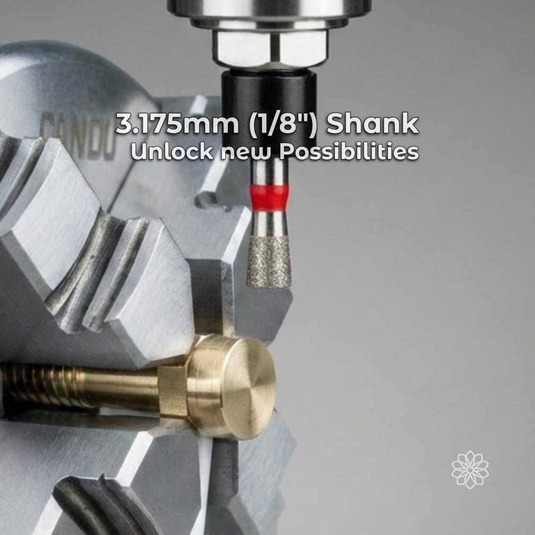 Cylindrical sintered diamond bur with a 3.175 mm (1/8 inch) shank installed in a CNC spindle above a brass workpiece