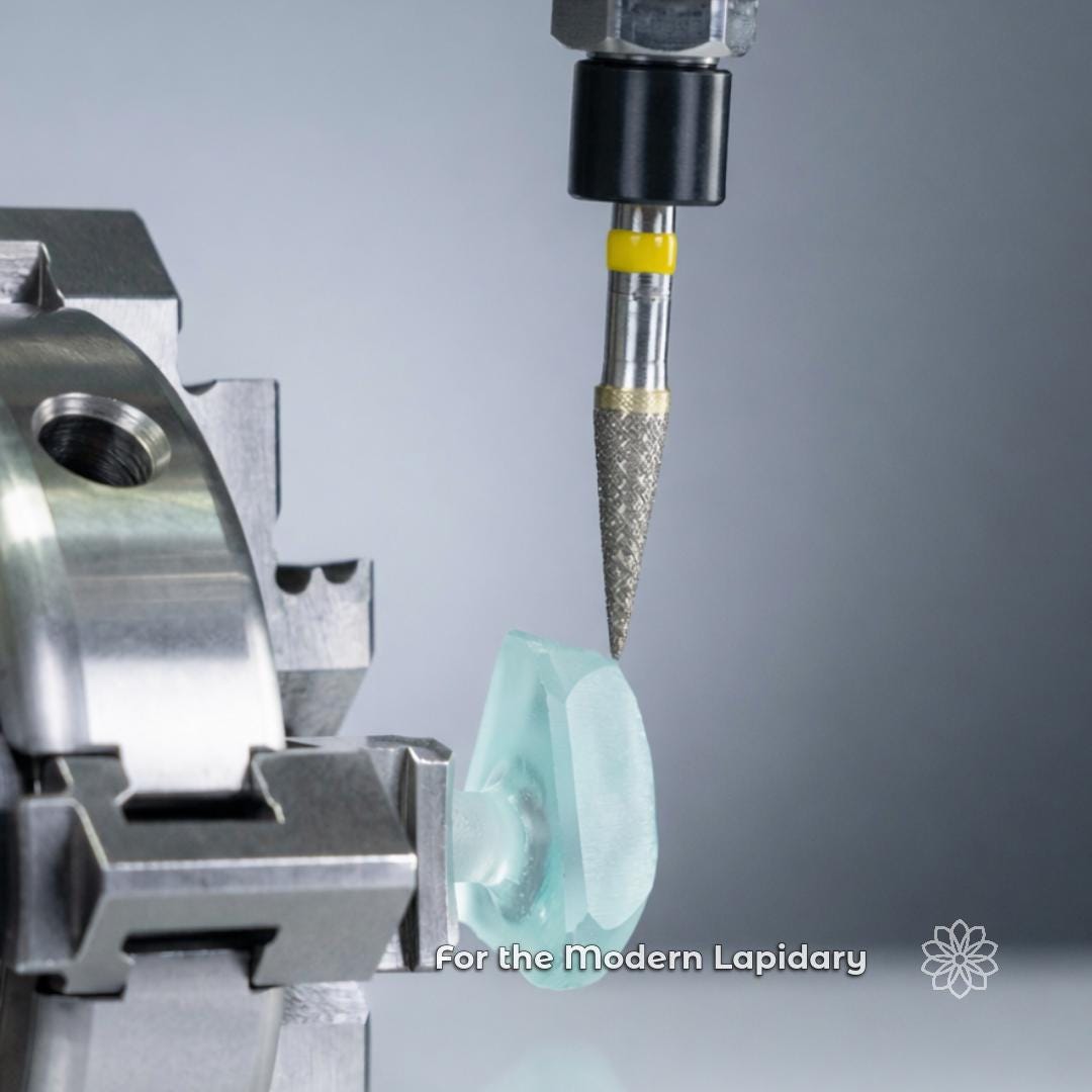 Cone-shaped sintered diamond bur positioned above a gemstone mounted on a Dop of All Trades holder inside a CNC rotary setup. Precision lapidary carving tool for gemstone shaping, carving, preforming, faceting preparation, and jewelry making.