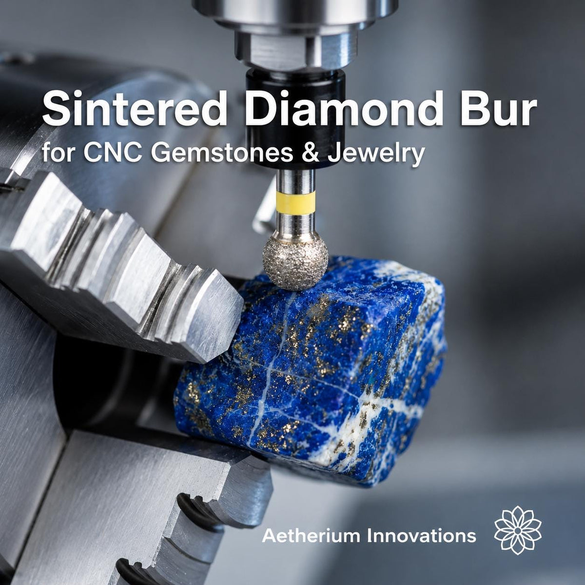 Close-up of a sintered diamond ball bur machining a rough lapis lazuli gemstone held in a CNC rotary chuck. Precision 1/8 inch shank diamond carving burr for lapidary, gemstone carving, jewelry making, stone shaping, engraving, and CNC machining applications.