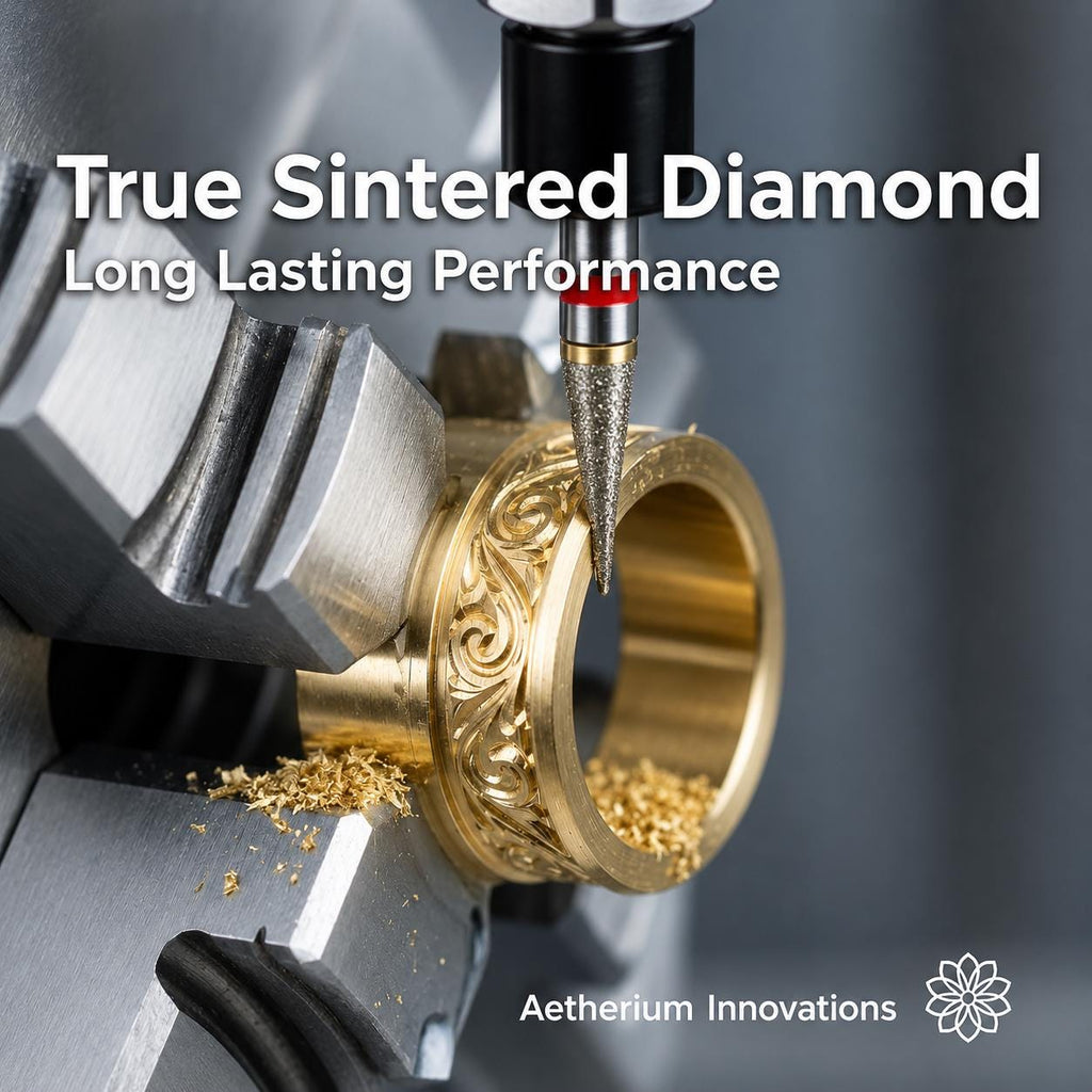 Tapered sintered diamond bur engraving an ornate brass ring mounted in a CNC rotary chuck