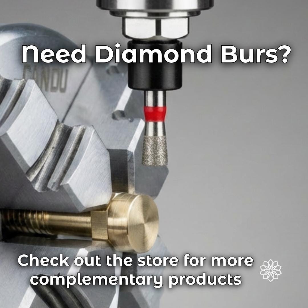 Cylindrical sintered diamond bur mounted in a CNC spindle above a brass dop stick, highlighting compatibility with the Dop of All Trades system for gemstone carving, lapidary machining, jewelry making, and precision CNC workflows.