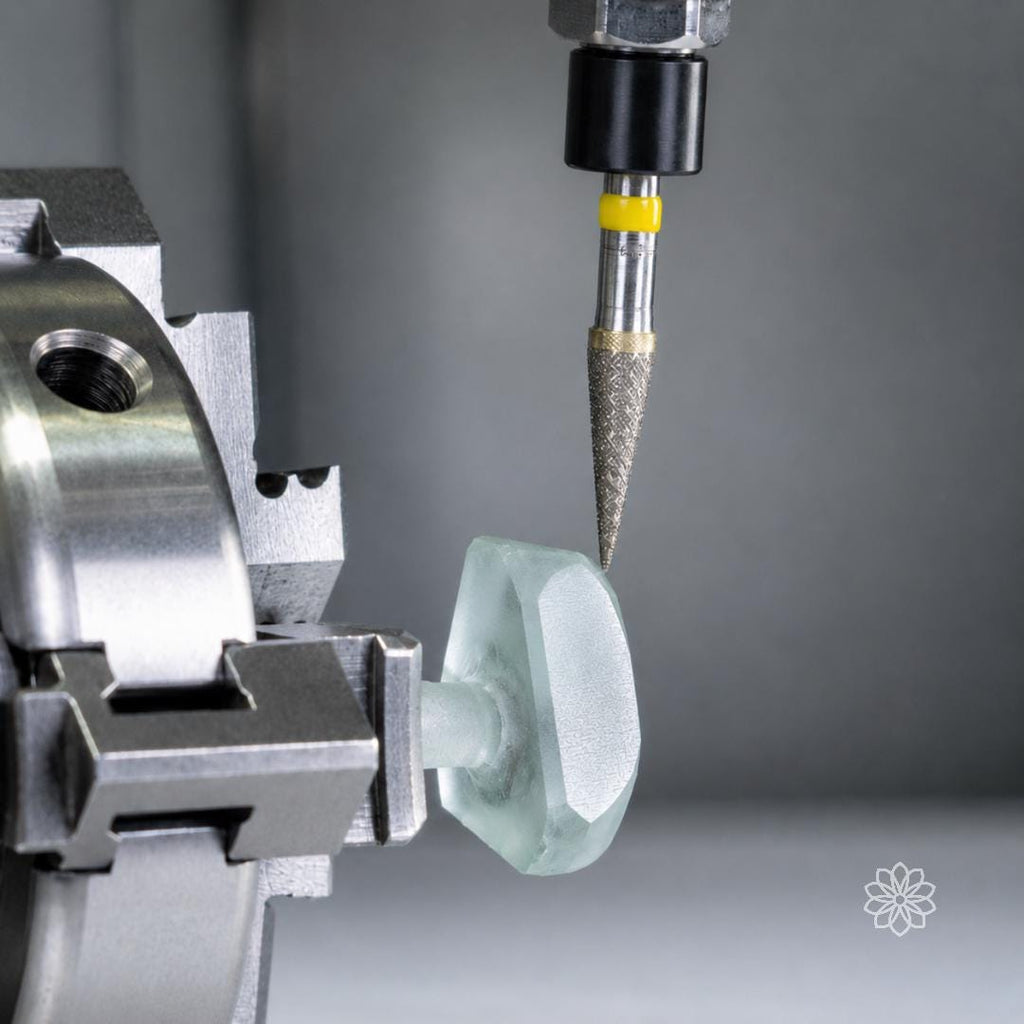 Cone-shaped sintered diamond bur positioned above a gemstone mounted on a brass dop stick in a CNC rotary chuck. Precision lapidary setup for gemstone preforming, carving, shaping, faceting preparation, and jewelry making.