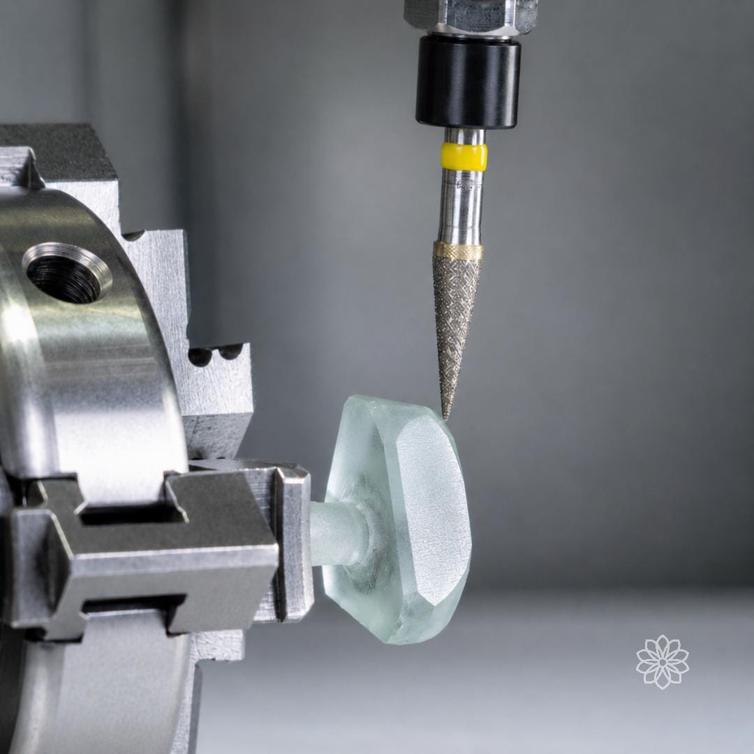 Cone-shaped sintered diamond bur positioned above a gemstone mounted on a brass dop stick in a CNC rotary chuck. Precision lapidary setup for gemstone preforming, carving, shaping, faceting preparation, and jewelry making.