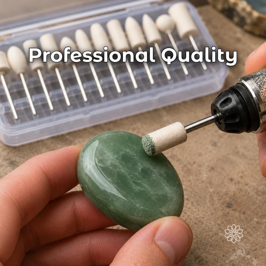 Wool felt polishing bob used with green polishing compound on a polished green stone cabochon. Professional quality rotary polishing bit for lapidary, gemstone polishing, stone finishing, jewelry making, and detail polishing.
