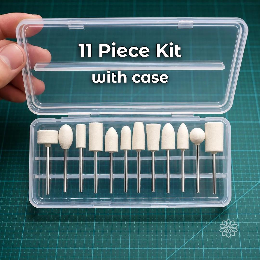 11 piece wool felt polishing bobs kit displayed in a clear storage case on a cutting mat. Assorted rotary polishing bits for stone, metal, jewelry, lapidary work, gemstone finishing, polishing compound, and detailed craft finishing.