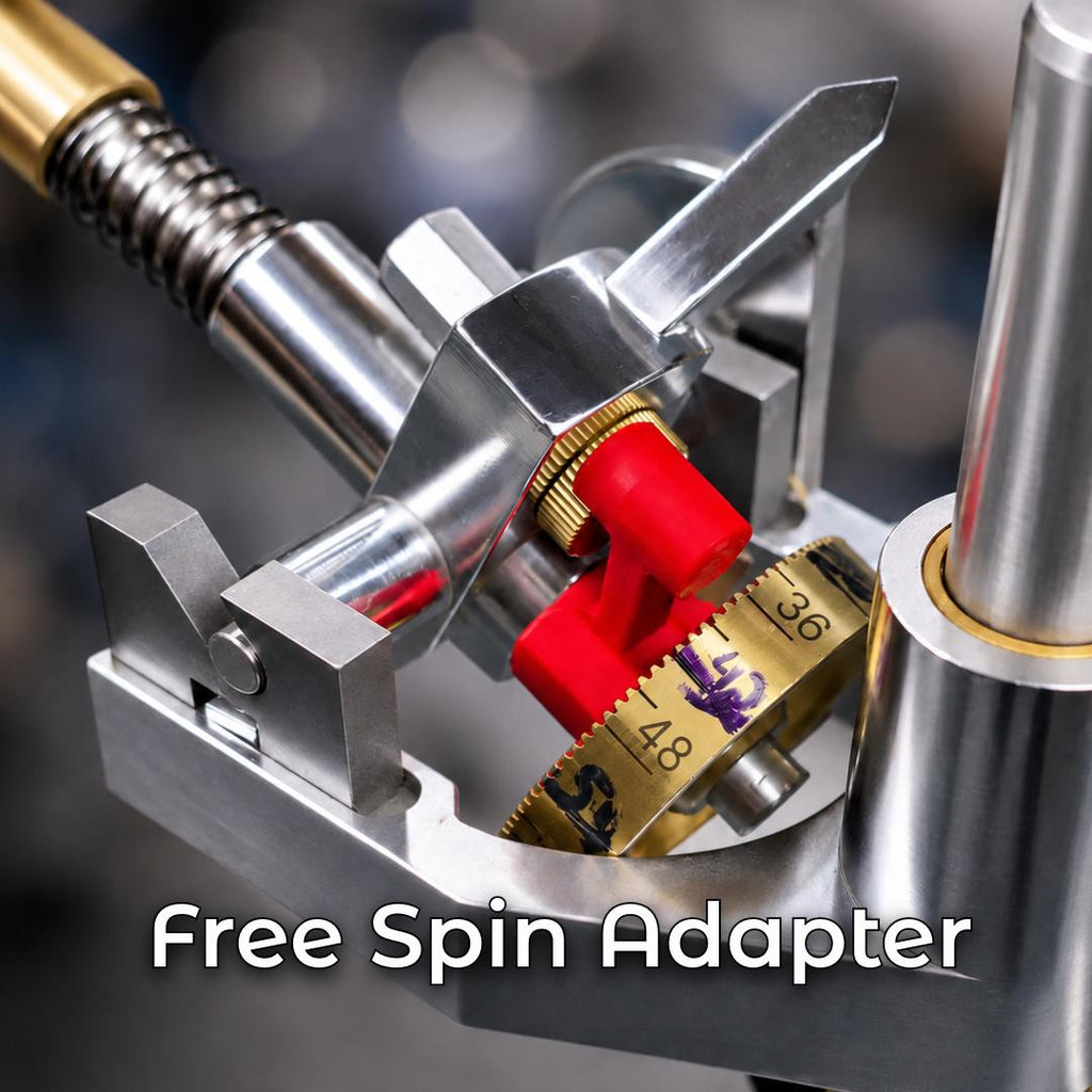 Free spin adapter installed on a VEVOR faceting machine quill beside the index gear and mast assembly. Lapidary accessory for smoother gemstone inspection, dop rotation, faceting control, and precision stone cutting.