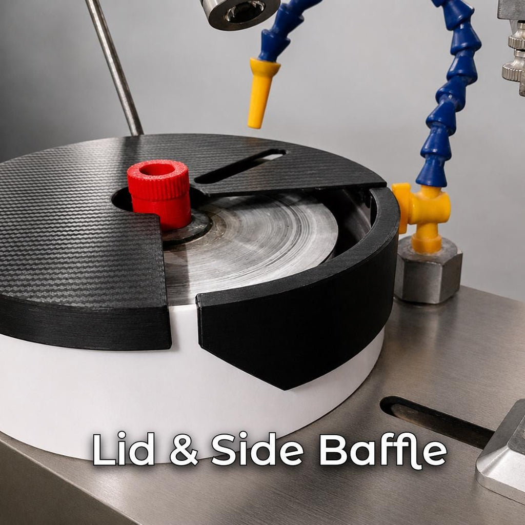 Black lap lid and side baffle installed over the spinning lap on a VEVOR faceting machine with water nozzle and red thumb screw. Splash control accessory for lapidary faceting, gemstone cutting, water management, and cleaner polishing.