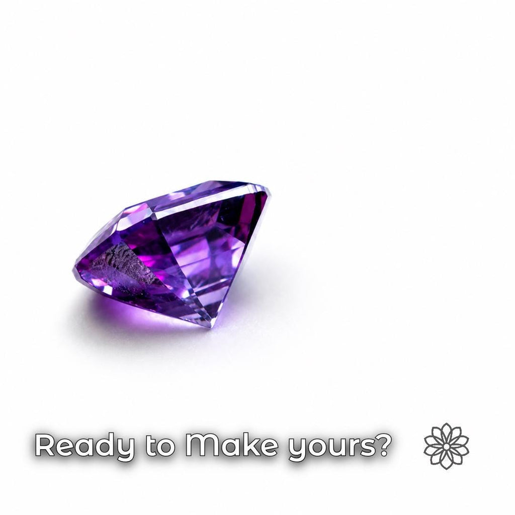 Purple faceted gemstone on a clean white background with bright reflections and crisp facet edges. Finished gemstone example for lapidary artists, faceting students, jewelry makers, and makers using precision stone cutting tools.